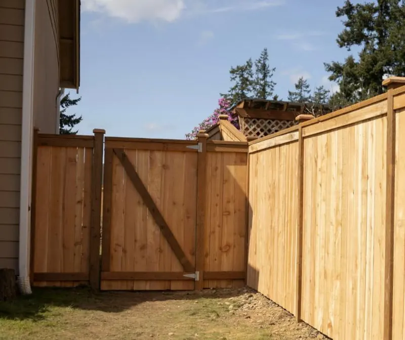 Wood fence install near landscaped garden