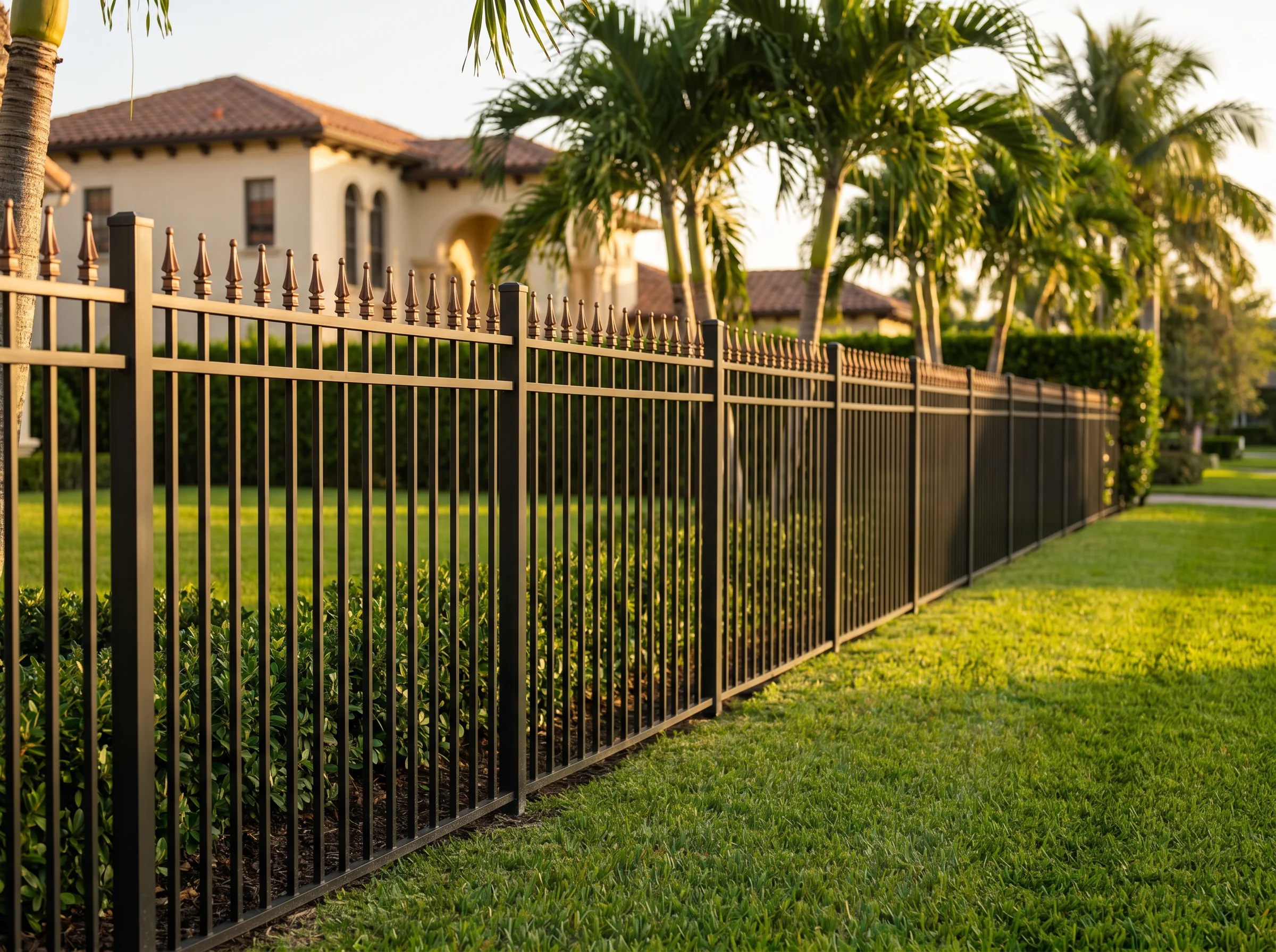 Black ornamental aluminum fence on a Florida property edge
