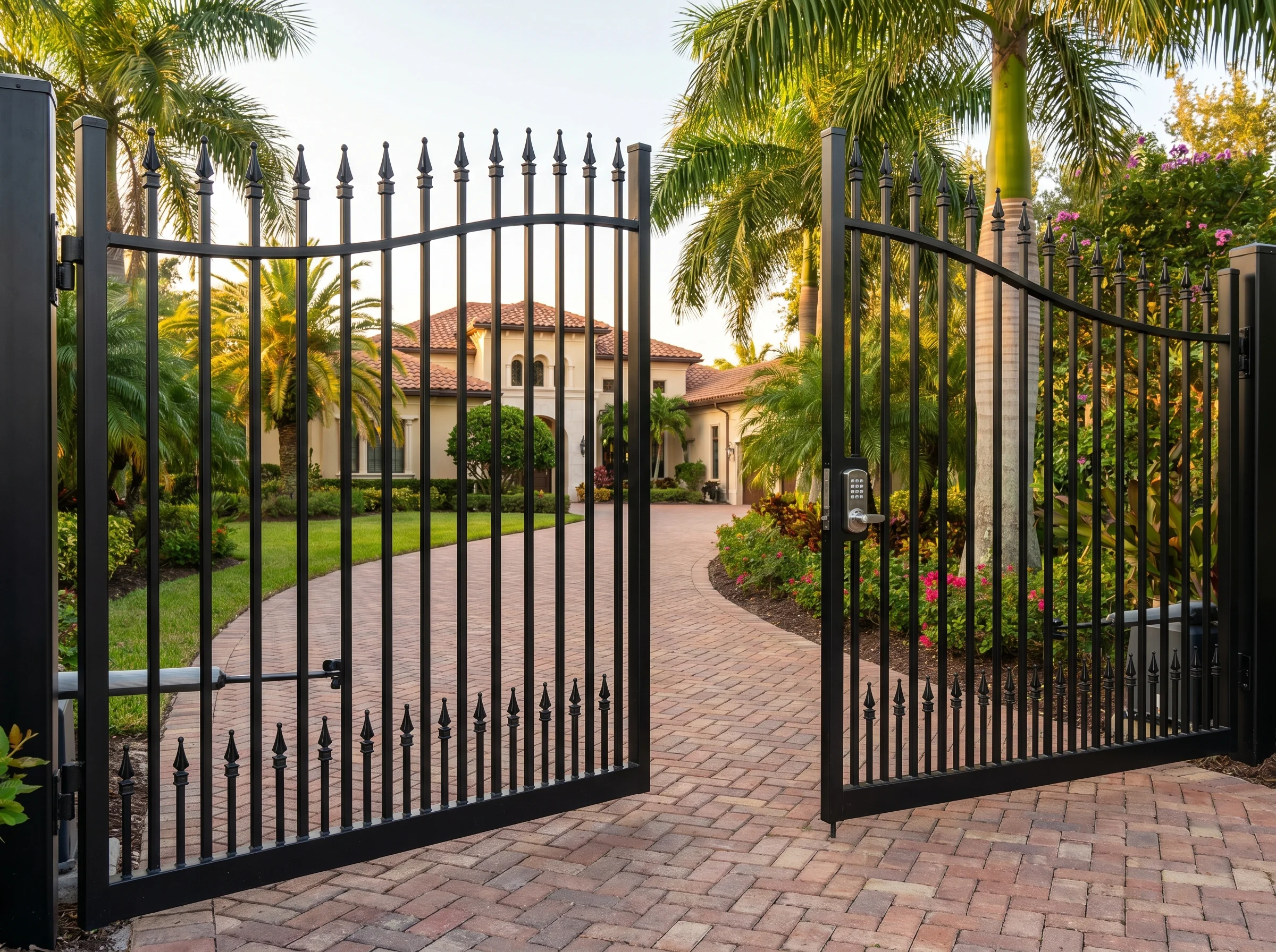 Black aluminum double-drive gate at the entrance of a Florida driveway