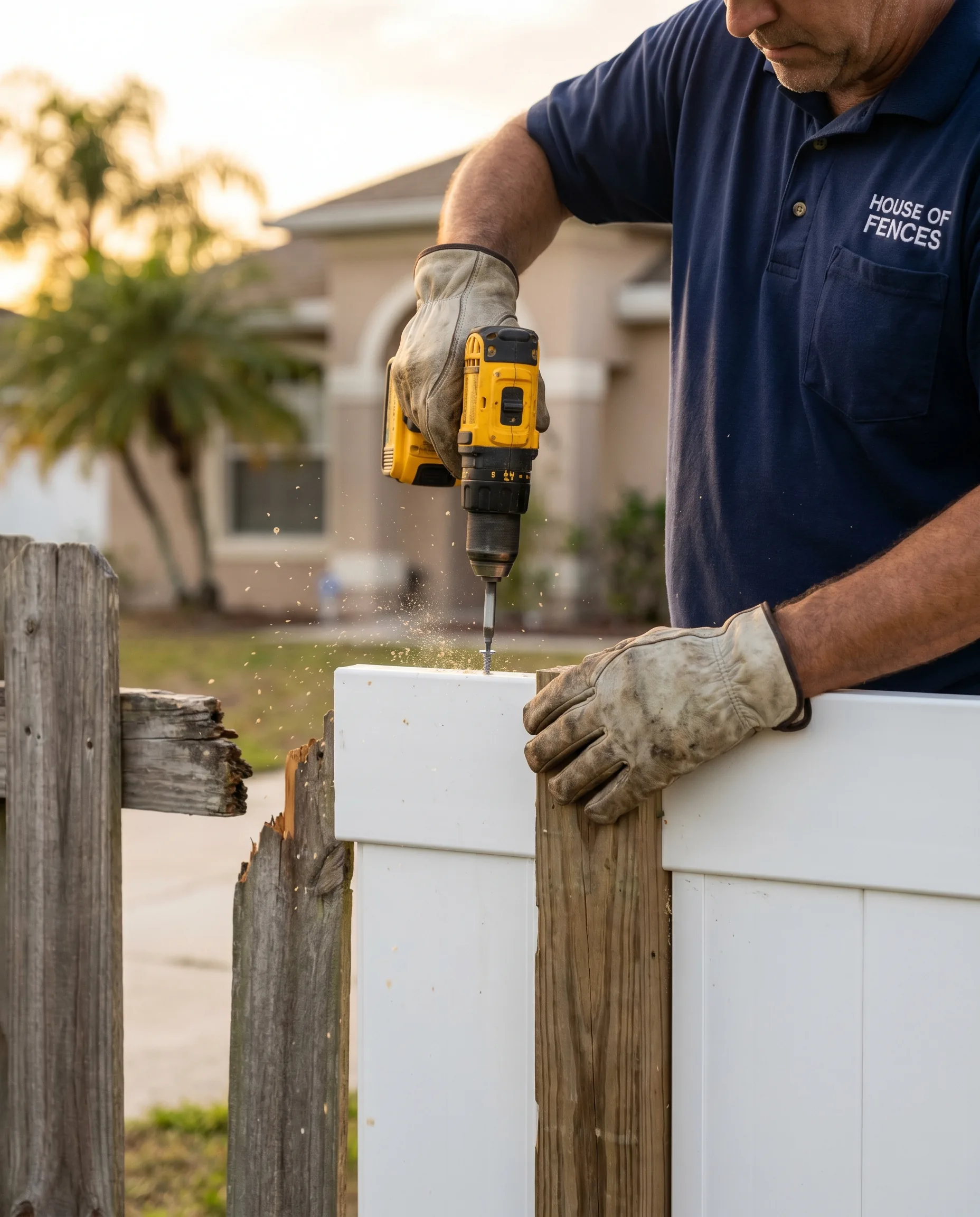 Hands installing a fresh vinyl fence panel during a fence repair