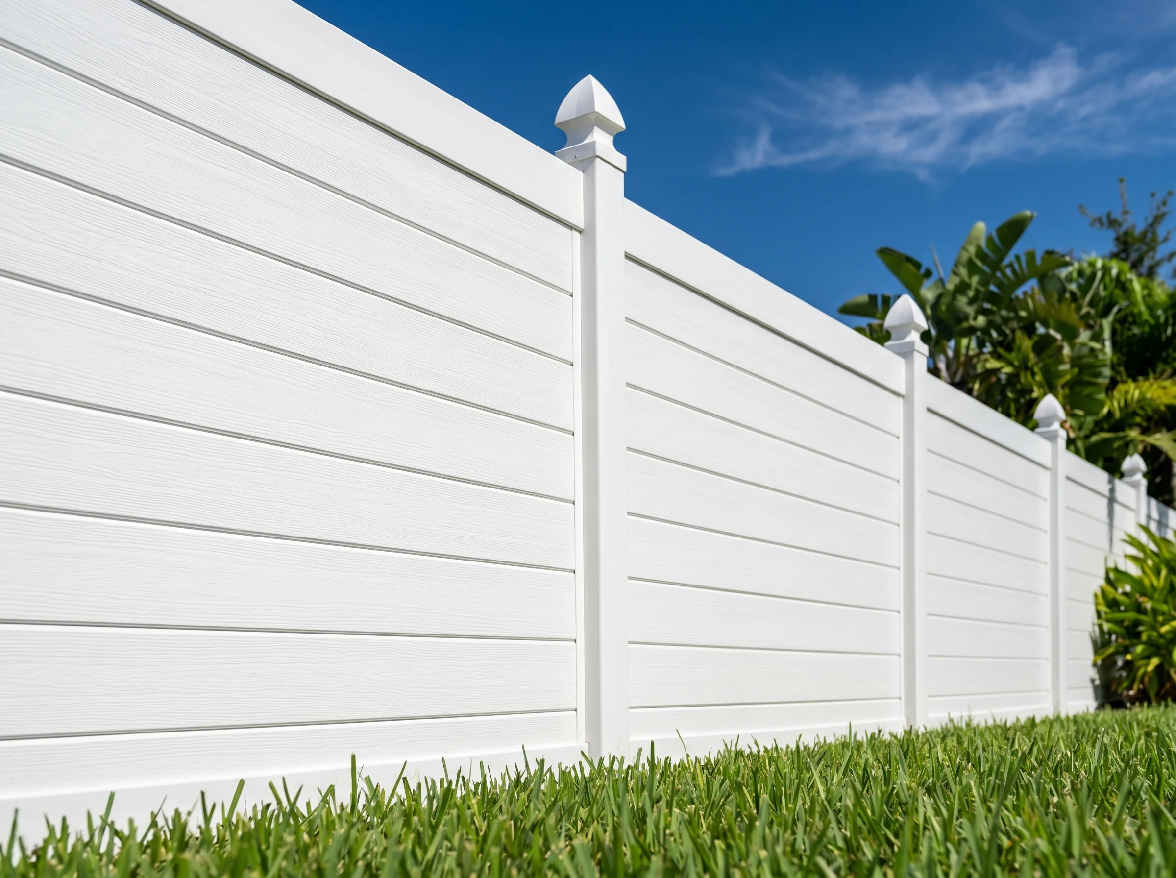 White vinyl privacy fence in a Florida suburban backyard