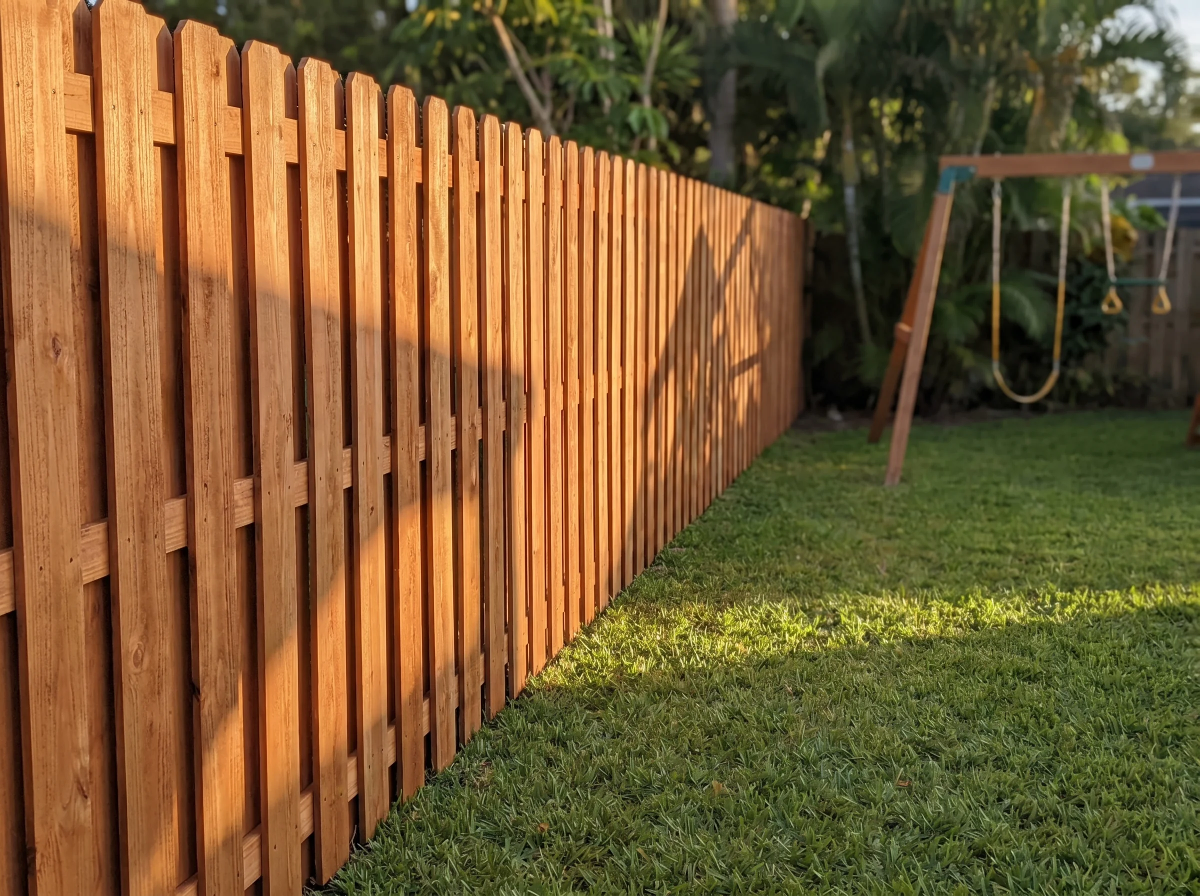 Natural cedar shadowbox wood privacy fence in a Florida backyard